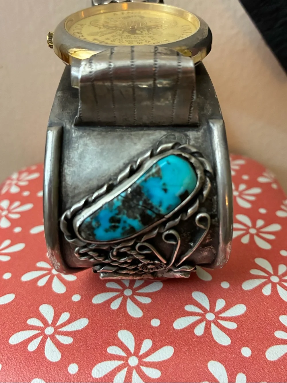 Sterling Silver Cuff Watch Band with Turquoise and Coral Accents